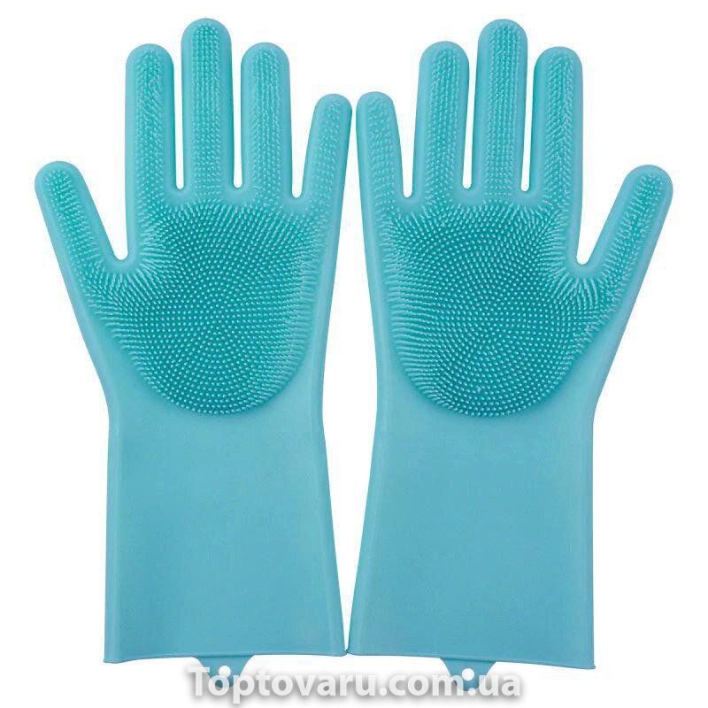 Силіконові рукавички для миття і чищення Magic Silicone Gloves з ворсом Блакитні 635 фото