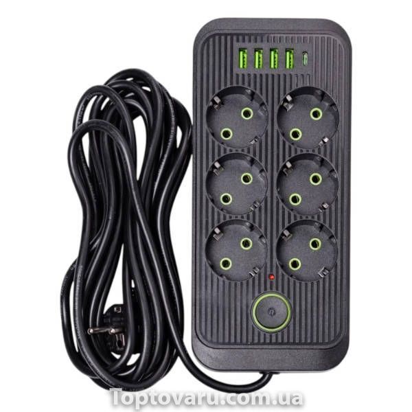 Мережевий фільтр подовжувач 2м, 6 розеток 4*USB+Type-C Power-Socket F06U Чорний 35150 фото