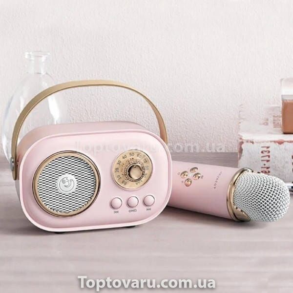 Караоке з мікрофоном на акумуляторі Ретро Bluetooth Рожеве 19623 фото