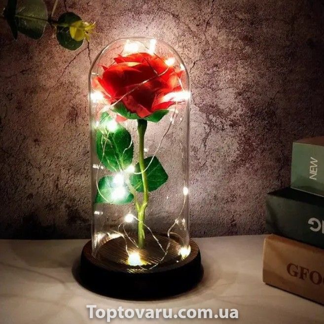 Роза в колбе с LED подсветкой МАЛЕНЬКАЯ с сердцем Красная 9170 фото