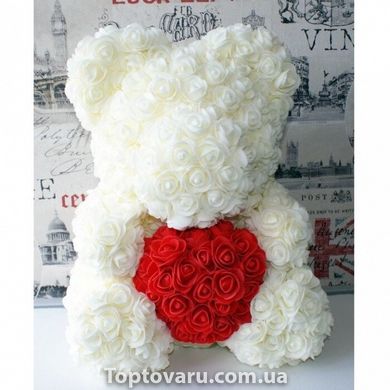 Мишка з серцем з 3D троянд Teddy Rose 40 см Білий 490 фото