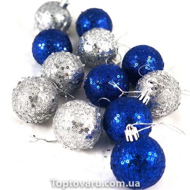 Набір ялинкових кульок "Магічна Новорічна" 12 шт. Сині з сріблом (в блискітках) 3206 фото