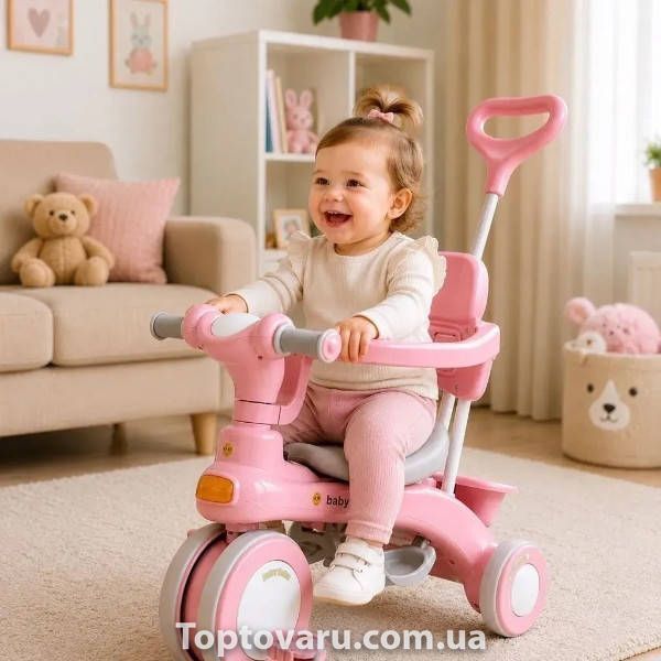 Велосипед триколісний Baby Carriage 588 з батьківською ручкою та кошиком Рожевий 37527 фото