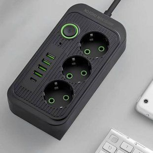Мережевий фільтр подовжувач 2м 3*220V, 4USB + Type-C Power-Socket F09U Чорний 35162 фото