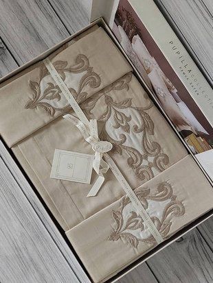 Постільна білизна з вишивкою Pupilla Diamond kapuchino Сатин Бавовна Євро розмір (4 наволочки) 16238 фото