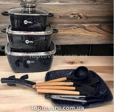 Набір посуду гранітний + набір начиння 14 предметів HIGHER+KITCHEN HK-317 Чорний 14755 фото
