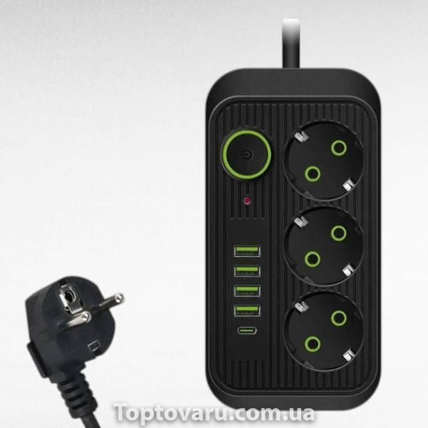 Мережевий фільтр подовжувач 2м 3*220V, 4USB + Type-C Power-Socket F09U Чорний 35162 фото