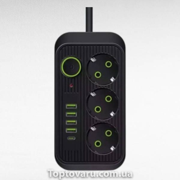 Мережевий фільтр подовжувач 2м 3*220V, 4USB + Type-C Power-Socket F09U Чорний 35162 фото