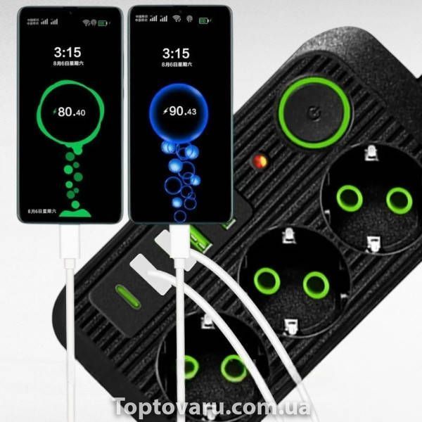 Мережевий фільтр подовжувач 2м 3*220V, 4USB + Type-C Power-Socket F09U Чорний 35162 фото