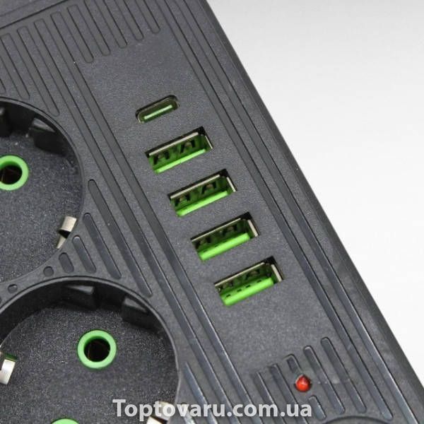 Мережевий фільтр подовжувач 2м 3*220V, 4USB + Type-C Power-Socket F09U Чорний 35162 фото