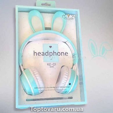 Навушники бездротові дитячі з вушками кролика LED підсвічування KE-01 Бірюзові 13356 фото