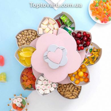Вращающаяся складная двухъярусная конфетница Flower Candy Box для конфет и фруктов Розовая