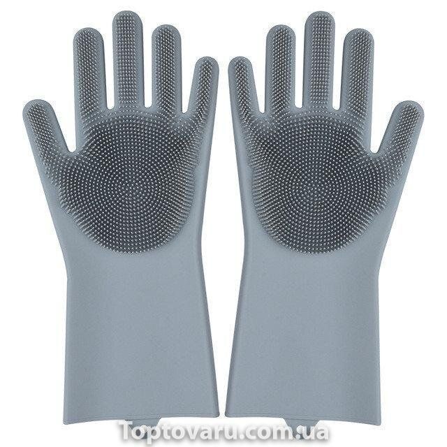 Силіконові рукавички для миття і чищення Magic Silicone Gloves з ворсом Сірі 633 фото